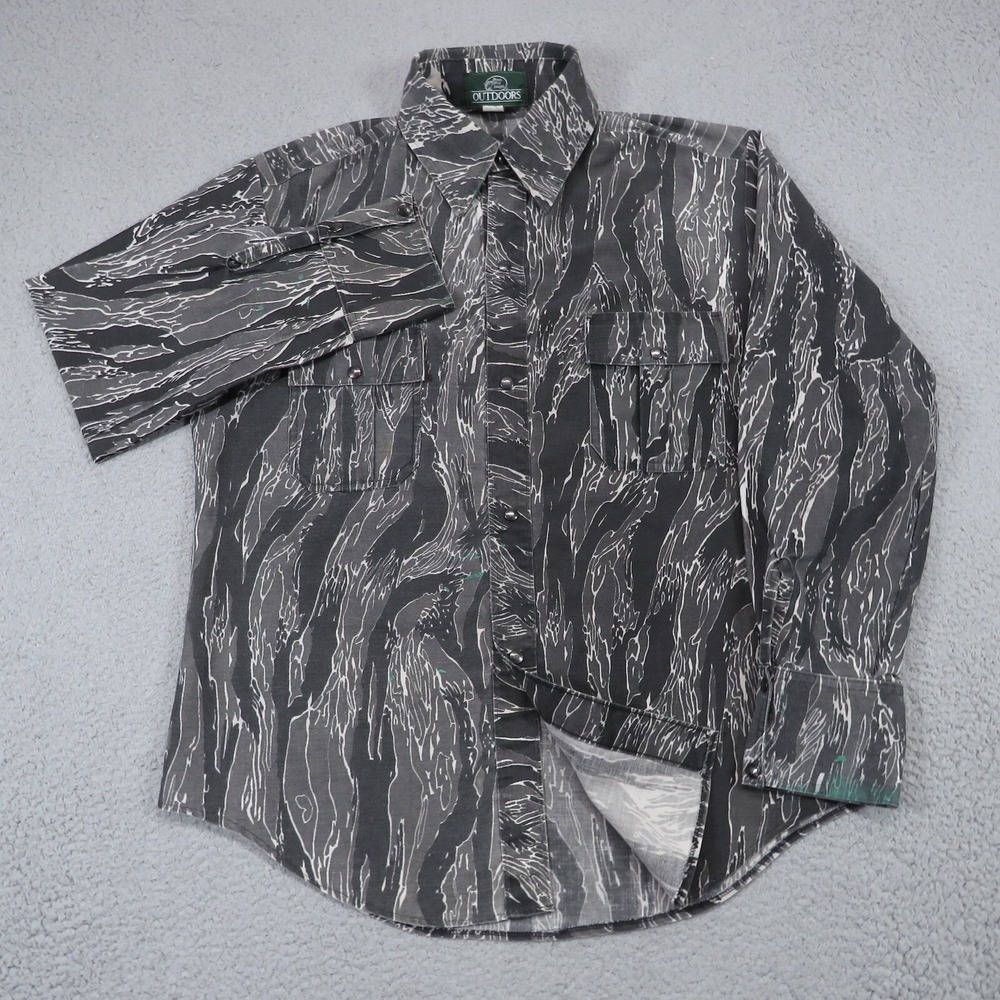 Vintage Bass Pro Shops Tiger Stripe Camo Shacket Mens XL Black Distressed 90s